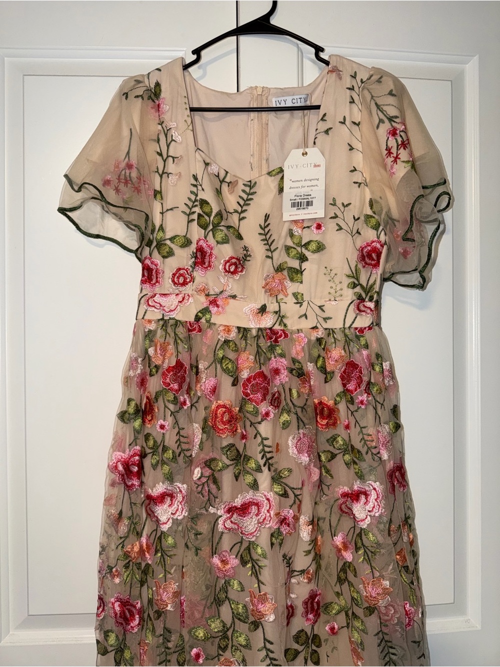 NWT- Ivy City Co Flora Maxi Dress with Pink & Green Floral Embroidery
